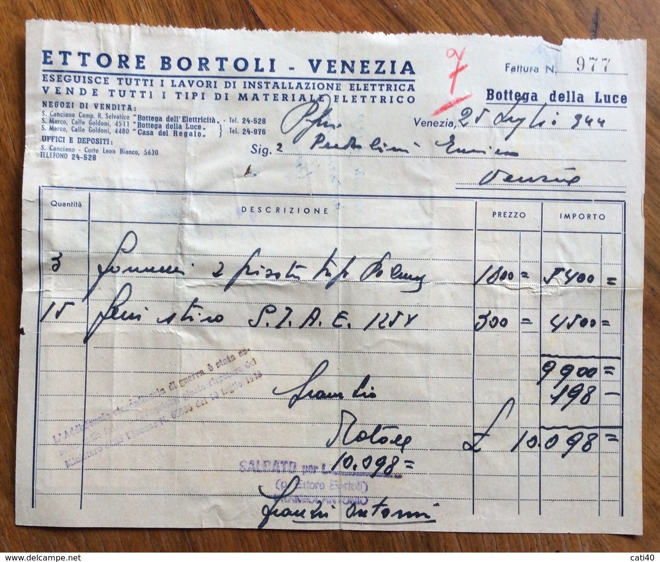 MARCHE DA BOLLO  SU FATTURA IN REPUBBLICA SOCIALE ITALIANA : ETTORE BORTOLI VENEZIA  BOTTEGA DELLA LUCE 1944 - Revenue Stamps