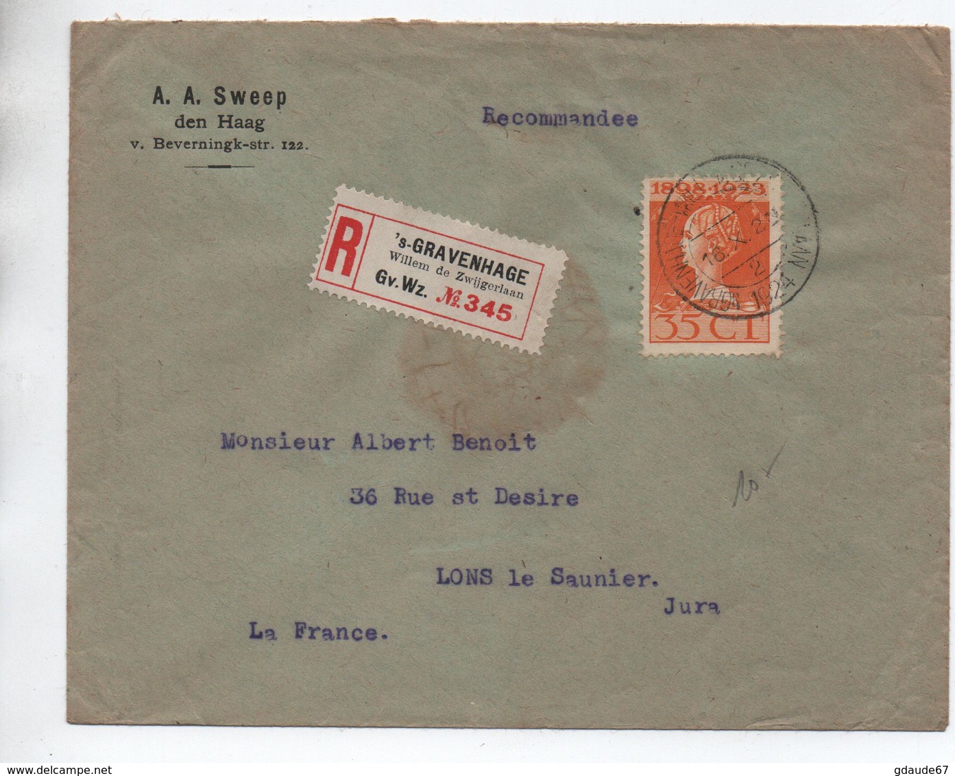 1924 - ENVELOPPE RECOMMANDEE De 'S GRAVENHAGE Pour LONS LE SAUNIER (JURA) Avec SEUL - Marcophilie