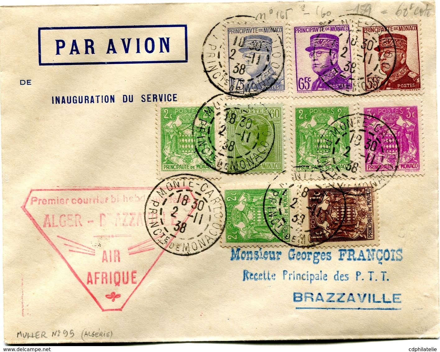 MONACO LETTRE PAR AVION AVEC CACHET "PREMIER COURRIER BI-HEBDOMADAIRE ALGER-BRAZZAVILLE AIR ARIQUE" DEPART MONTE-CARLO.. - Lettres & Documents