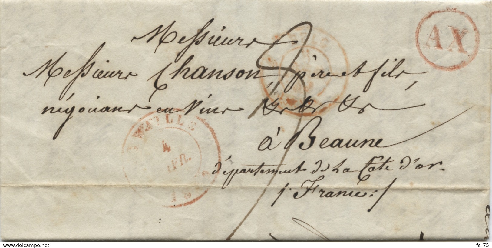 BELGIQUE - CAD AYWAILLE + BOITE AX ROUGE SUR LETTRE AVEC CORRESPONDANCE DE COMBLAIN LA TOUR POUR LA FRANCE, 1849 - 1830-1849 (Onafhankelijk België)