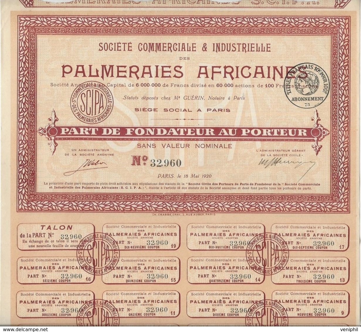 SOCIETE DES PALMERAIES AFRICAINES - 2 PARTS DE FONDATEURS- ANNEE 1920 - Afrique