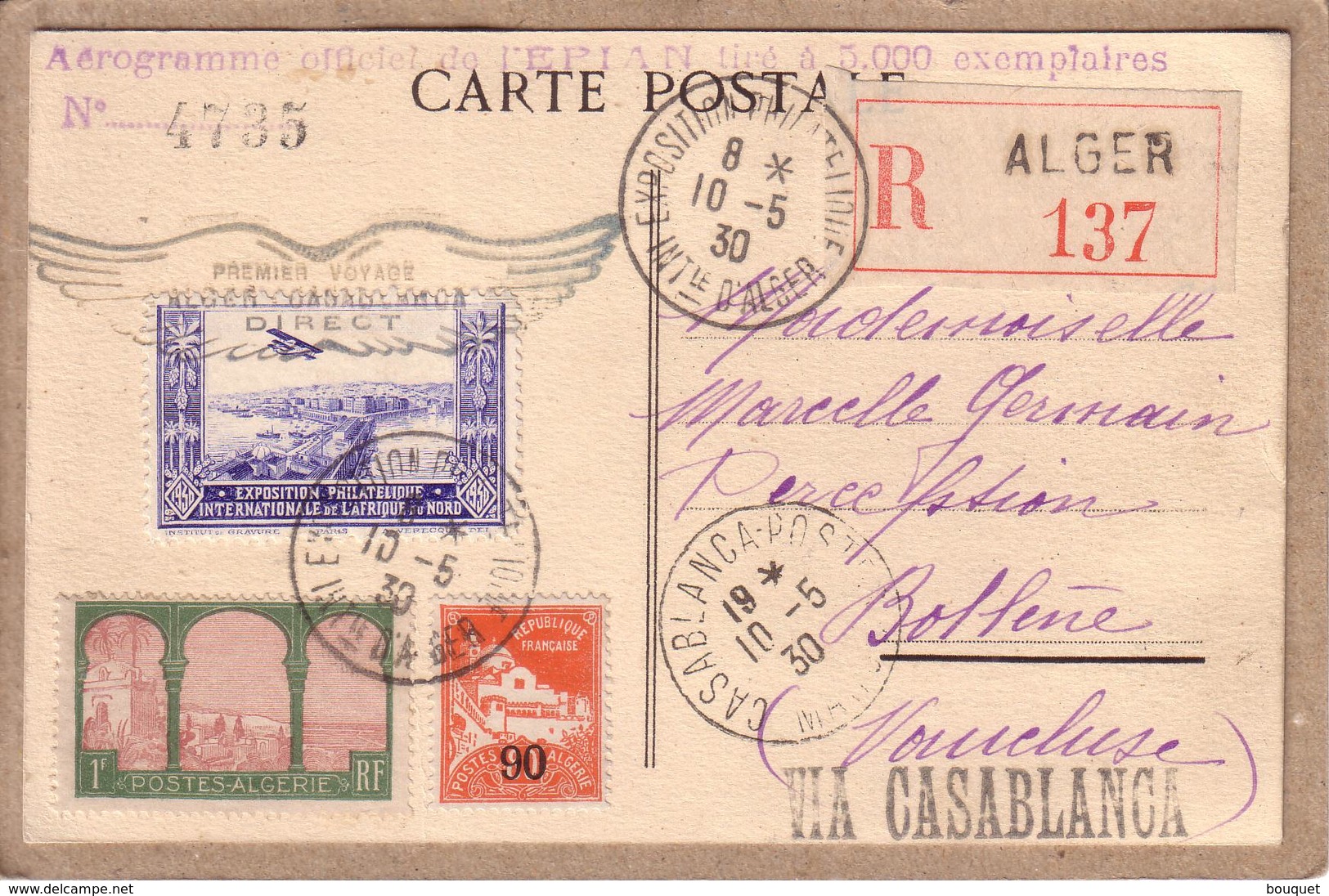 ALGERIE , MAROC - CARTE AEROGRAMME N° 4735 DE L'EPIAN , PREMIER VOYAGE ALGER CASABLANCA DIRECT , RECOMMANDE - 1930 - Airmail