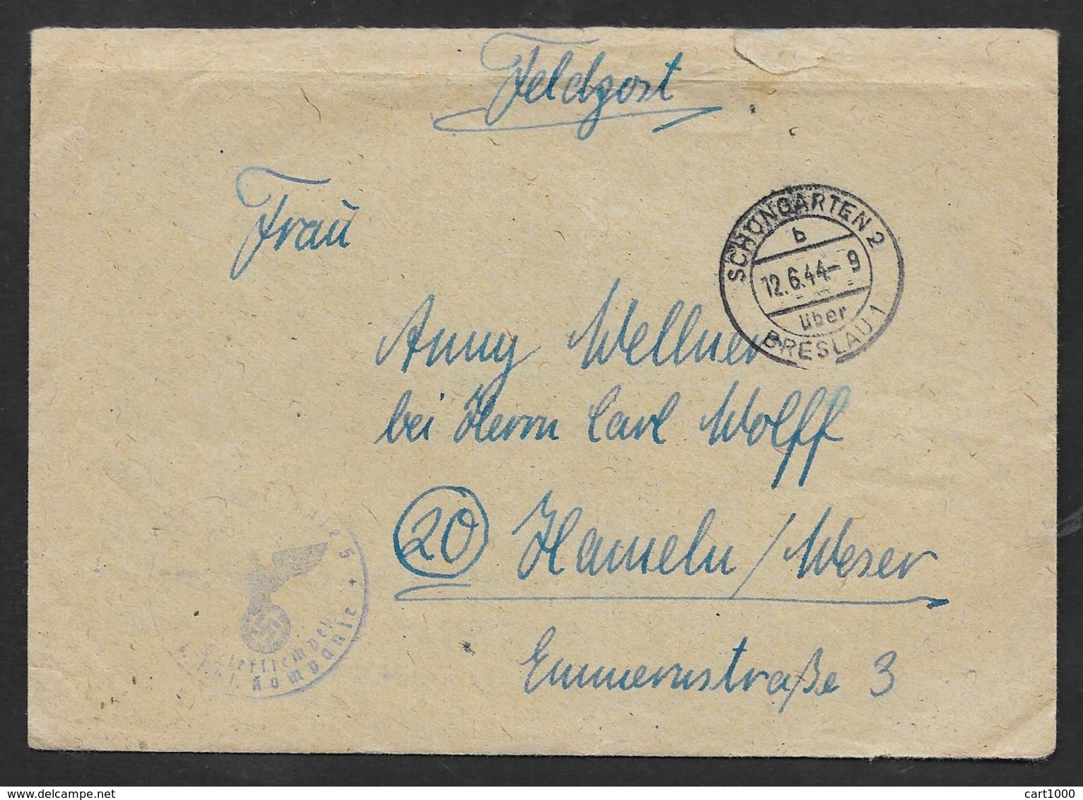 12.6.44 FELDPOST SCHUNGARTEN BRESLAU WTIH WIRTE INSIDE - Prisoner Camps