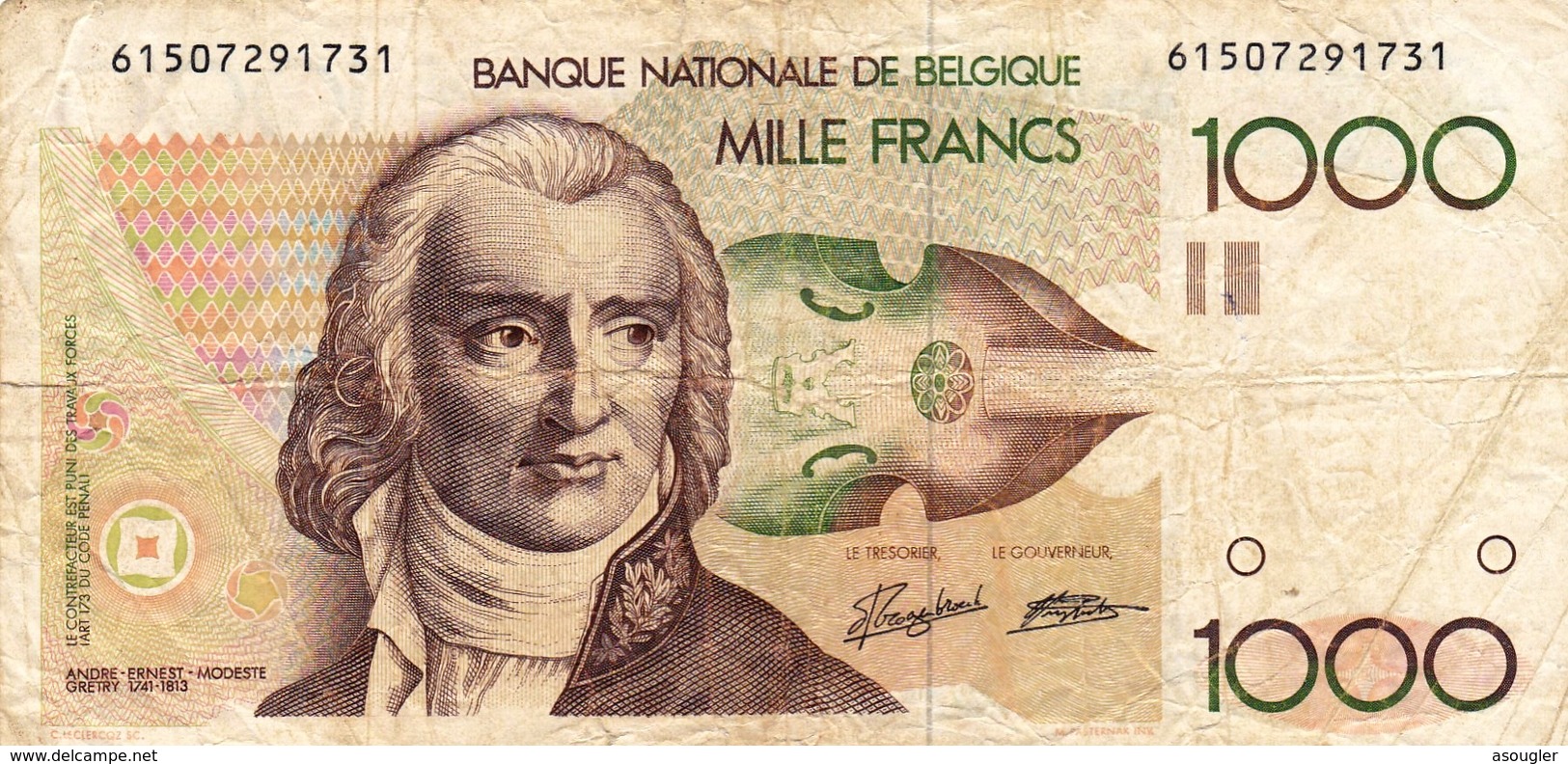 BELGIUM 1000 FRANCS ND 1980-1996 F P-144a "free Shipping Via Registered Air Mail" - 1000 Francs