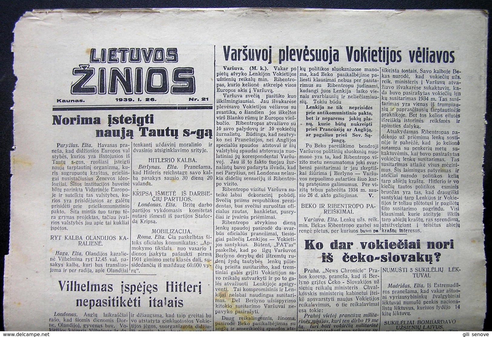 Lithuanian Newspaper/ Lietuvos žinios No. 21 (5886) 1939.01.26 - Algemene Informatie