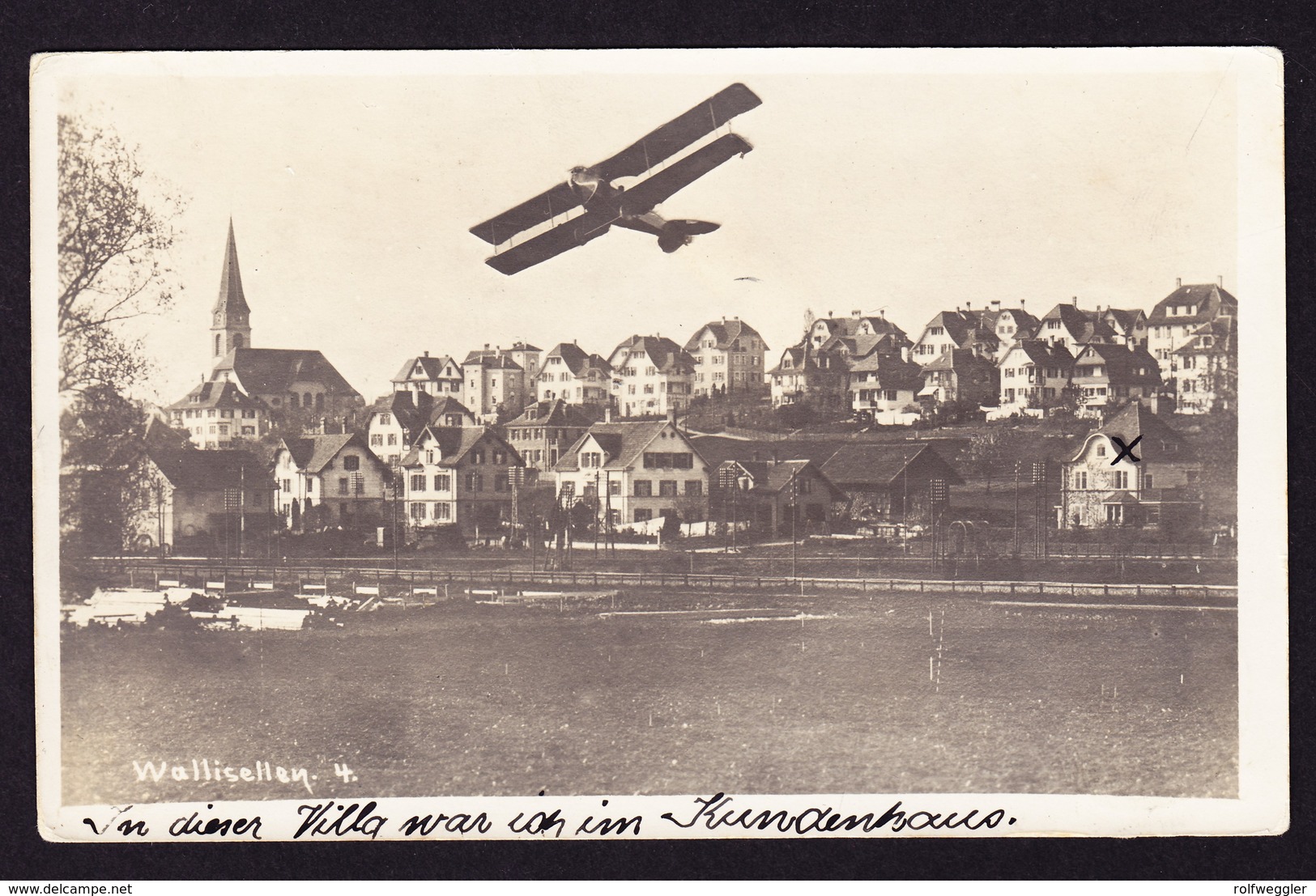 1920 Gelaufene Foto AK Mit Doppeldecker Flugzeug über Wallisellen.Stempel Schwerzenbach - Wallisellen