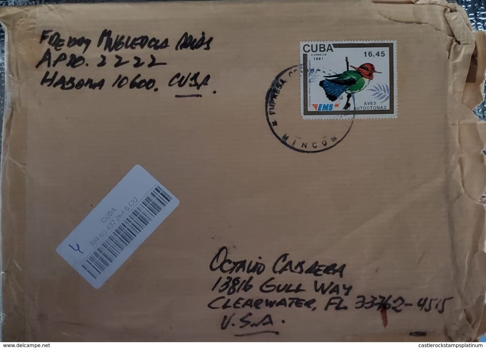 O) 1991 CUBA. SPANISH ANTILLES, BIRDS - MELLLISUGA HELENAE LOCAL BIRDS EMS SC 3334 16.45p, TO USA - Lettres & Documents