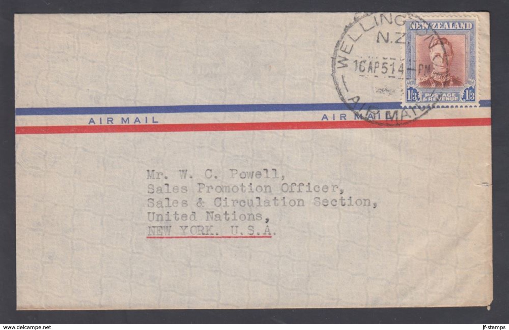 1951. New Zealand. Georg VI 1/3 Sh. On Cover To United Nations, Sales & Circulation S... (MICHEL 296) - JF323587 - Brieven En Documenten