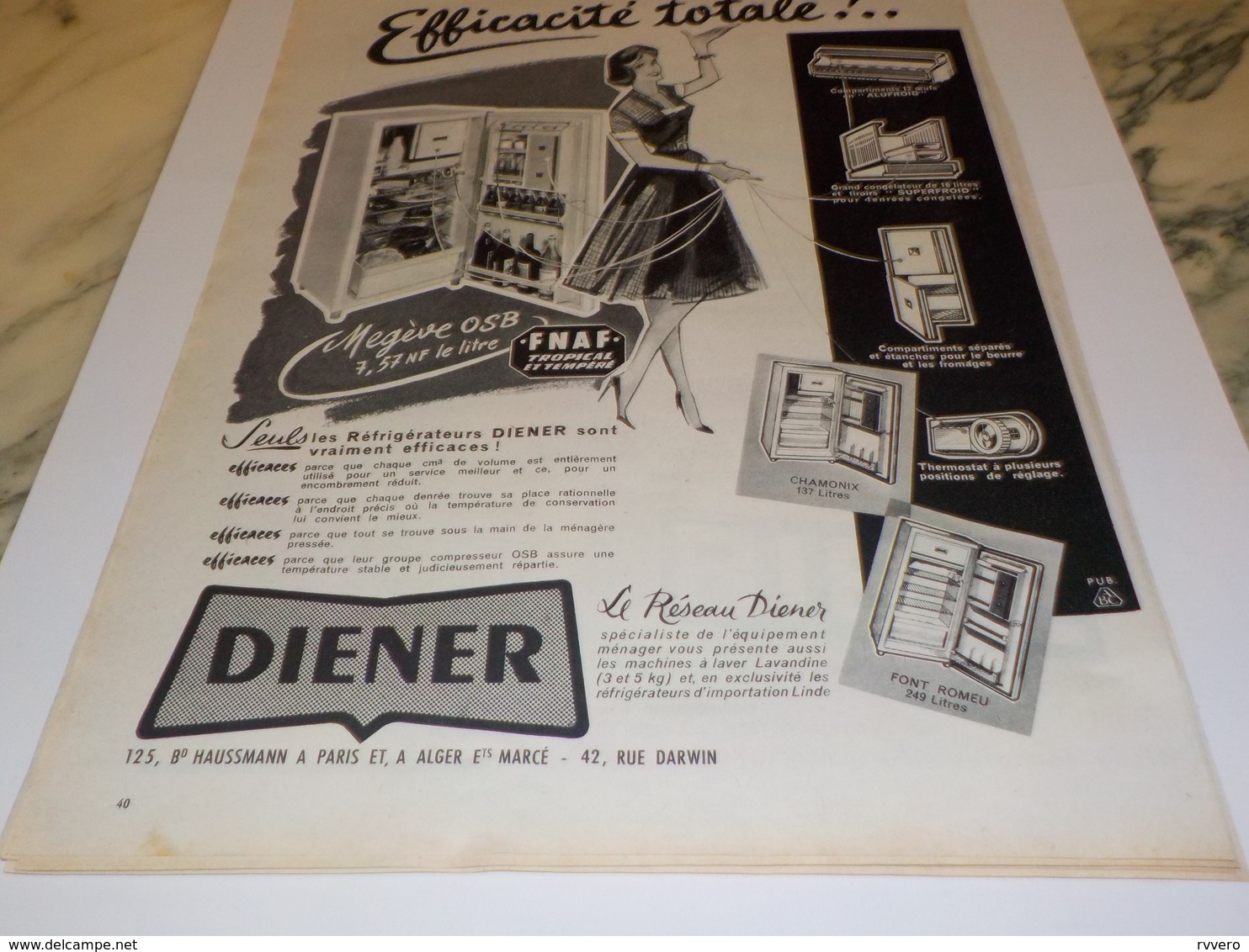 ANCIENNE  PUBLICITE EFFICACITE TOTALE  FRIGO DE DIENER 1960 - Andere Toestellen