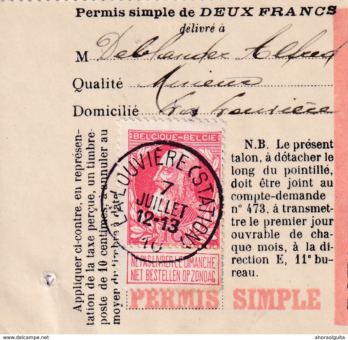 DDX 035 -- Permis De Peche 2 Francs TP Grosse Barbe 74 LA LOUVIERE (Station) 1910 - Dépliants De La Poste