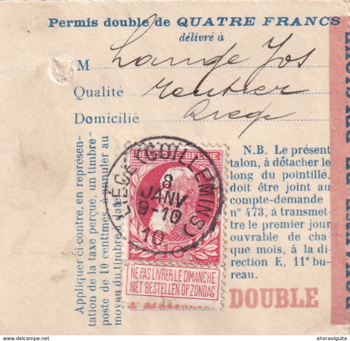 DDX 036 -- Permis De Peche Double 4 Francs TP Grosse Barbe 74 LIEGE (Guillemins) 1910 - Post Office Leaflets