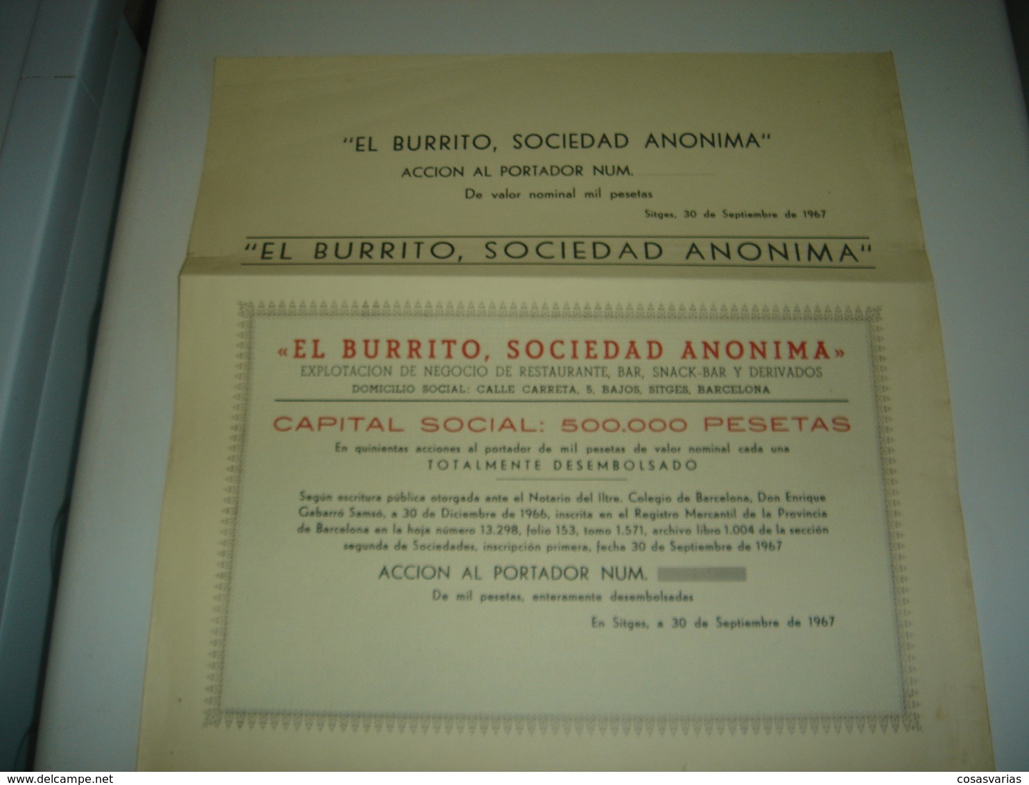 EL BURRITO RESTAURANTE BAR - Acción De 1000 Pesetas - Sitges, 30 Septiembre 1967 Original ACTION AKTION - Tourism