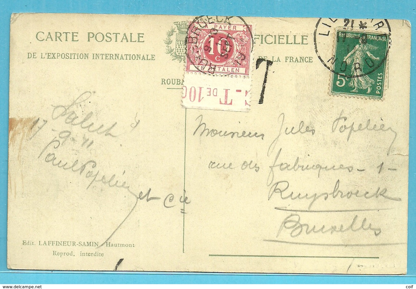 Postkaart Verzonden Van France, Met Taxe TX 5 Met Bladboord "C-Tde10C", Met Cirkelstempel RUYSBROECK Op 18/9/1911 (RARE) - Autres & Non Classés