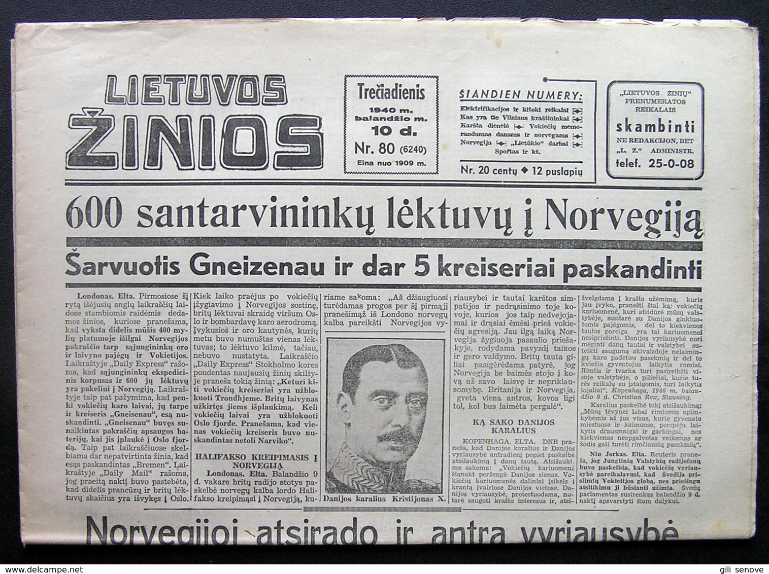 Lithuanian Newspaper/ Lietuvos žinios No. 80 (6240) 1940.04.10 - Allgemeine Literatur