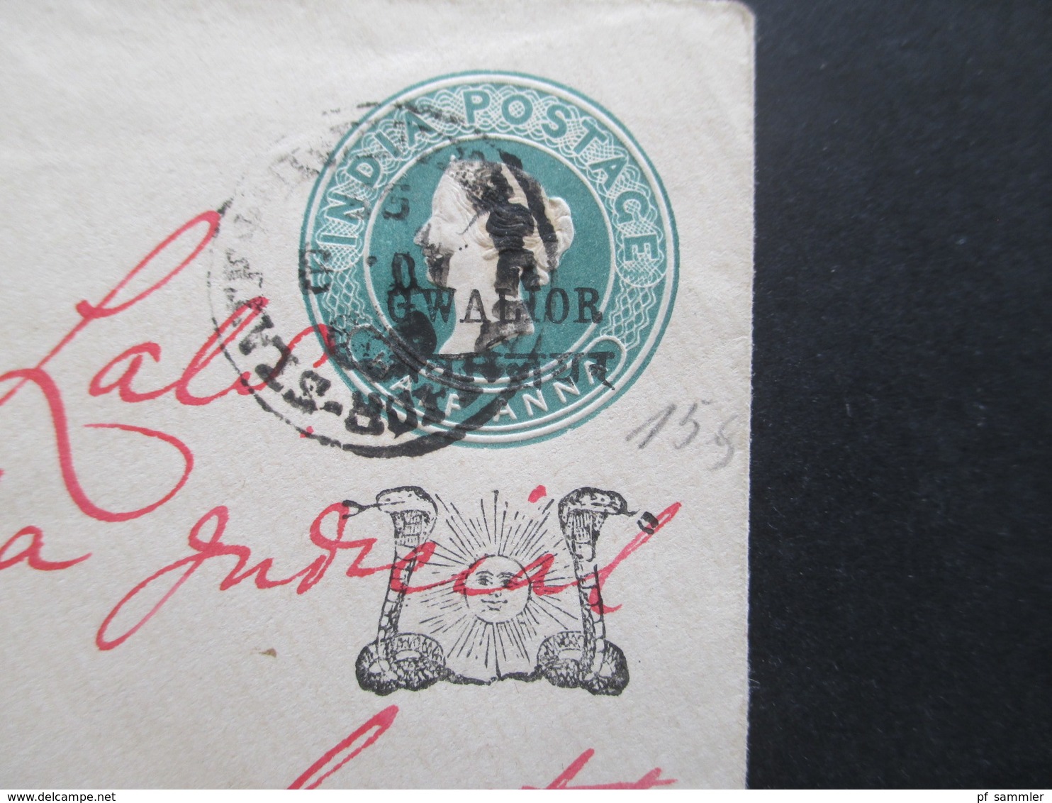 GB Kolonie Indien GA Umschlag Mit Überdruck / Stempel Gwalior Zwei Schlangen Mit Sonnen Rückseitig 2 Stempel - 1902-11 King Edward VII