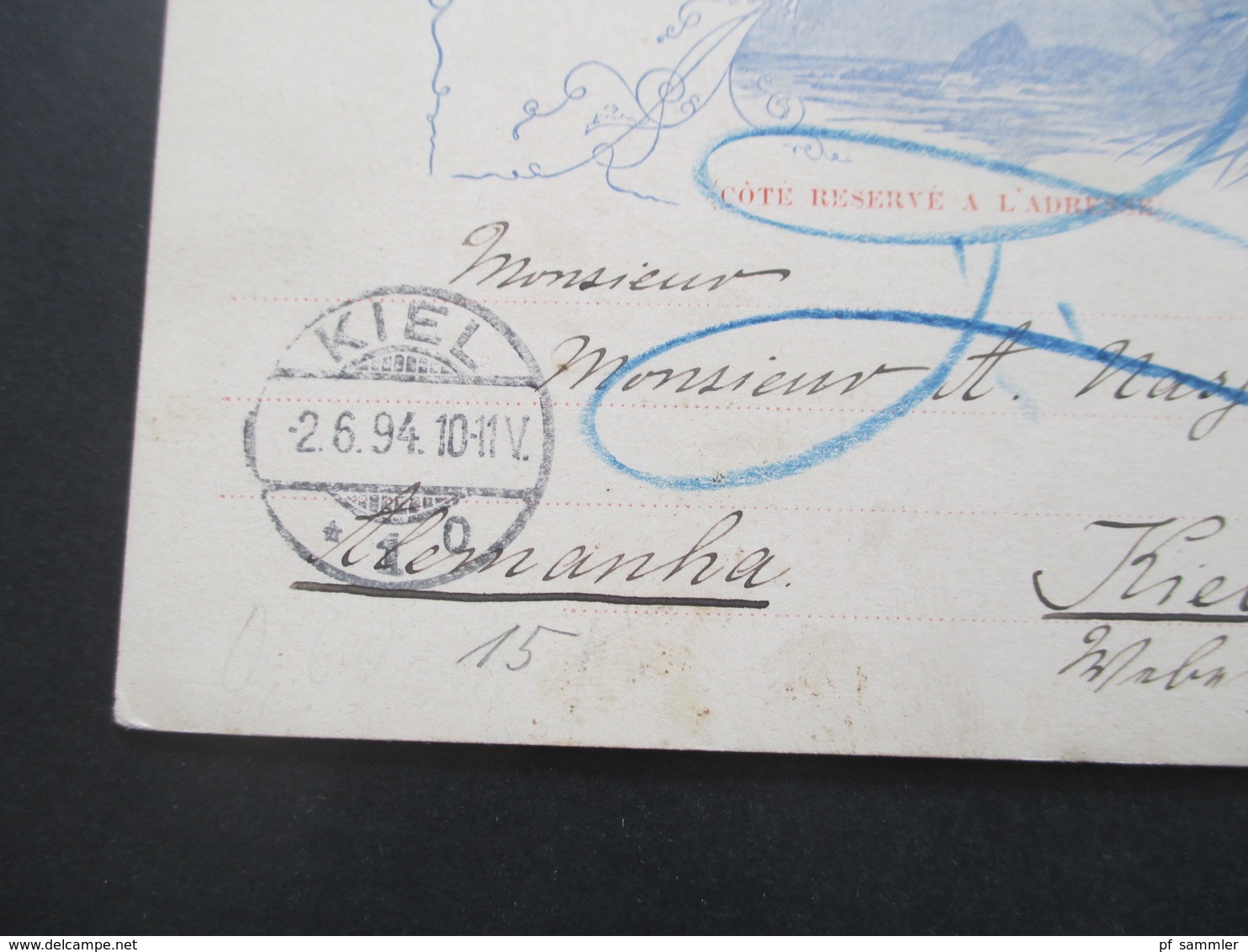 Brasilien 1894 Ganzsache Union Postale Universelle Rio De Janeiro Nach Kiel Mit Ank. Stempel Und Blaustift - Lettres & Documents
