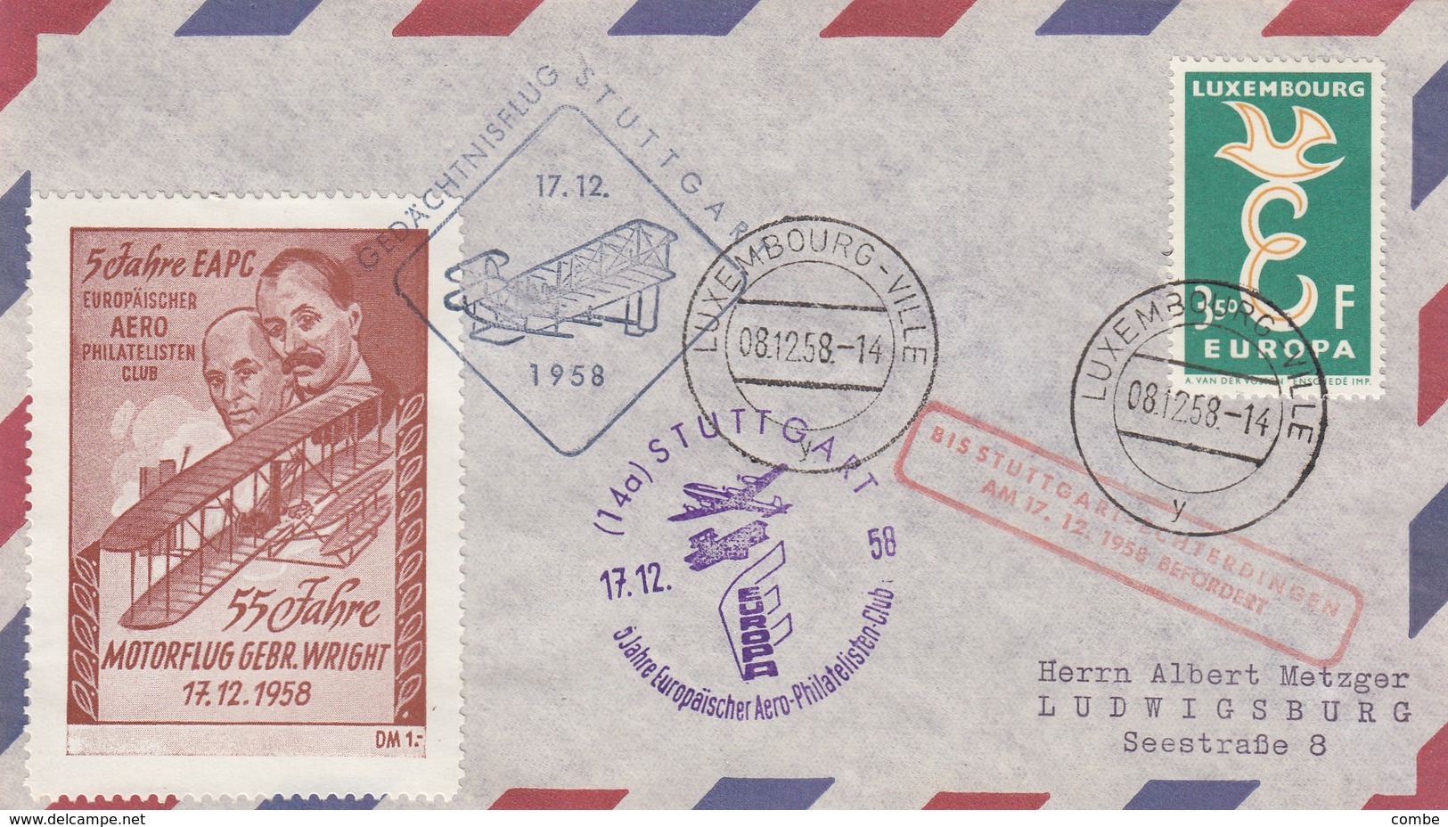 LUXEMBOURG. LETTRE. 8 12 58. GEDÄCHTNISFLUG STUTTGART EUROPA. GRANDE VIGNETTE AERO - Cartas & Documentos