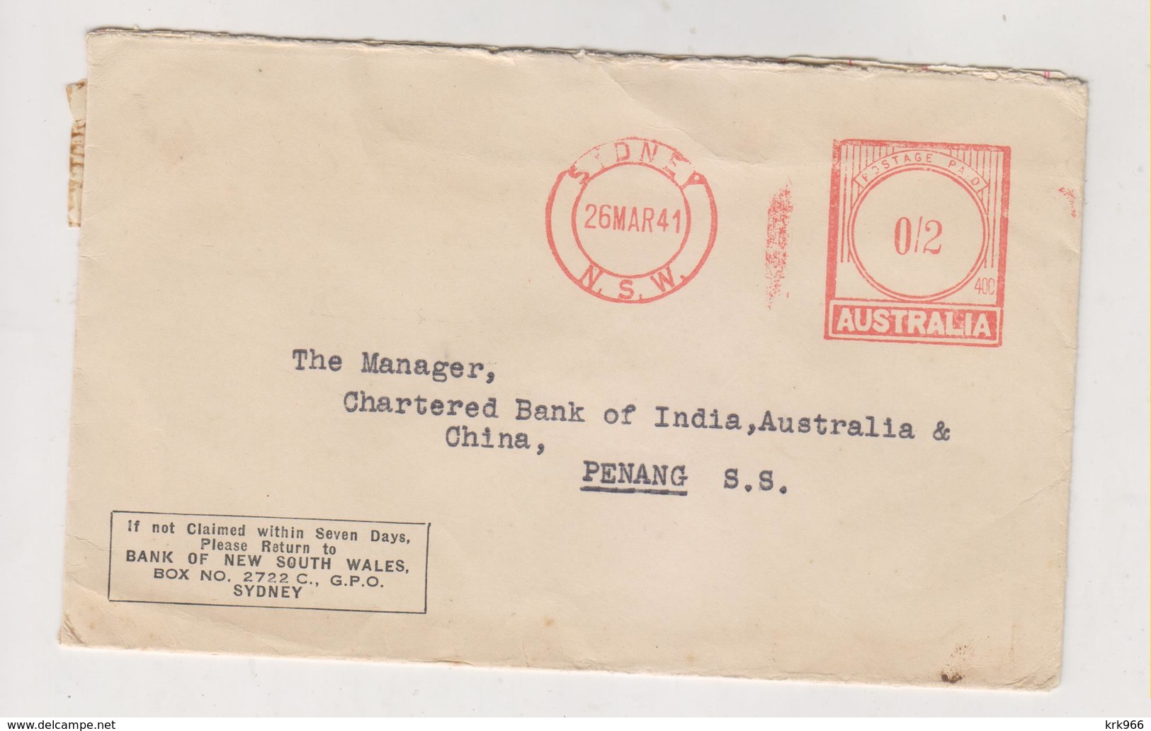 AUSTRALIA,1941 SYDNEY Nice Cover To PENANG - Brieven En Documenten