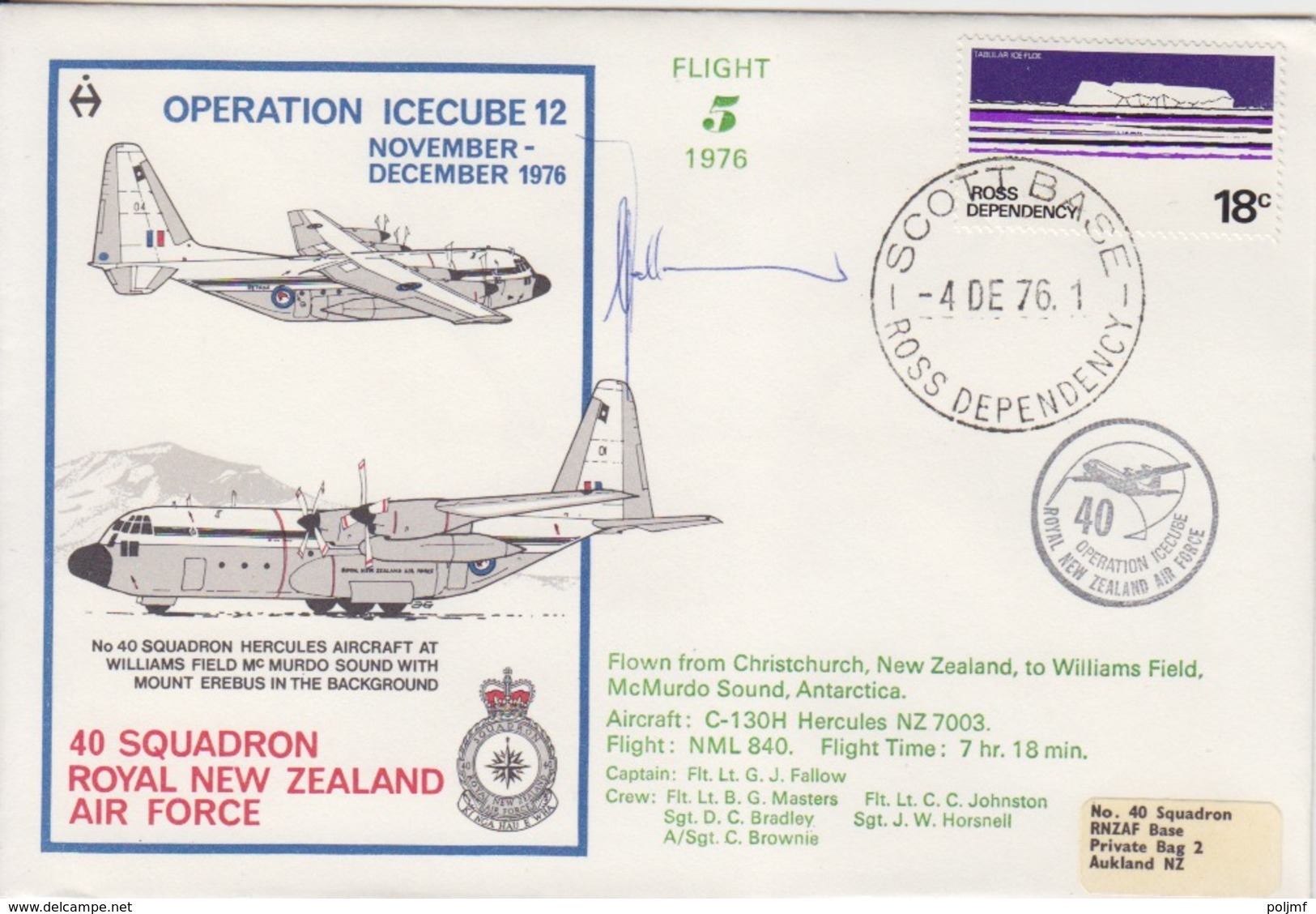 Polaire Néozélandais, N° 14 Obl. Scott-Base Le 4 DE 76 + Flight 5 Opération Icecube 12 + 3 Cachets Au Dos - Lettres & Documents