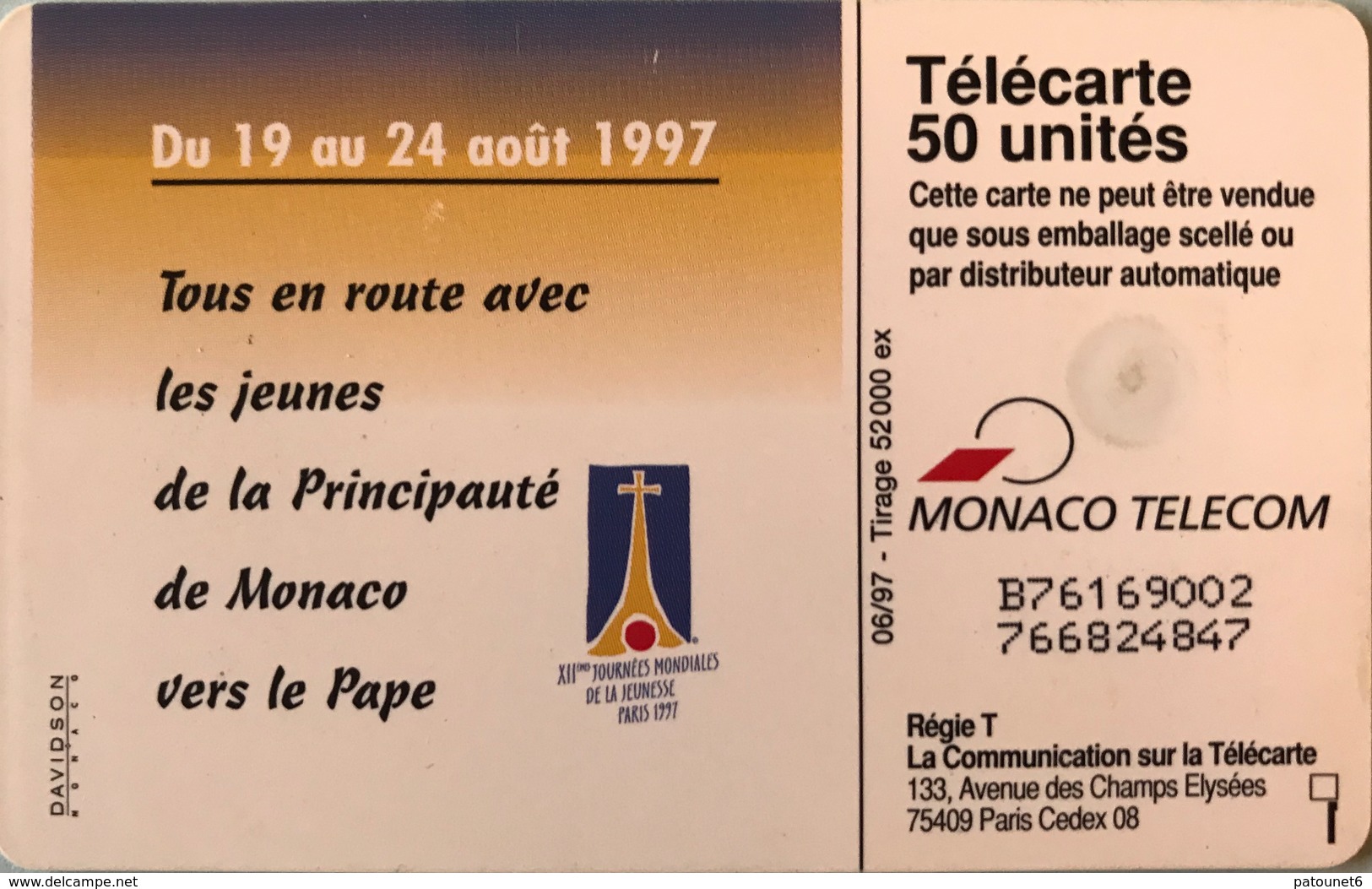 MONACO  -  Phonecard  -  MF 45  -  XIIe J.M.J. - Paris 97   -  50 Unités - Monaco