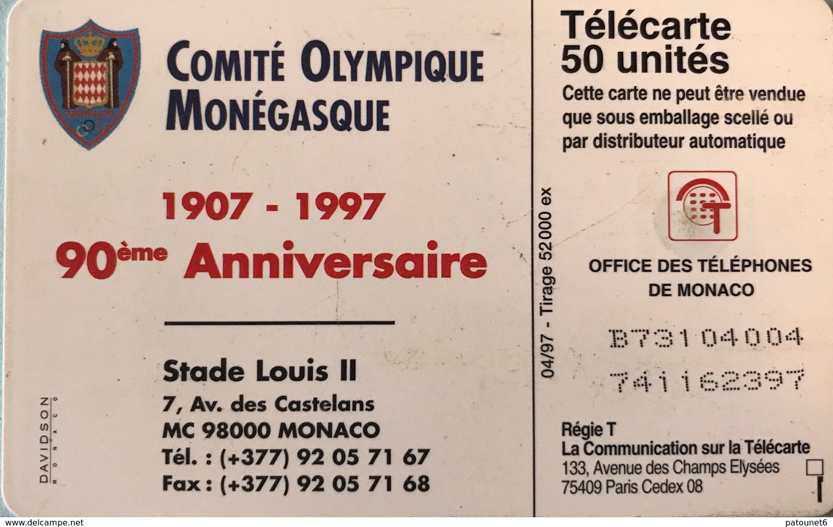 MONACO  -  Phonecard  -  MF 44  -  Comité Olympique   -  50 Unités - Monaco