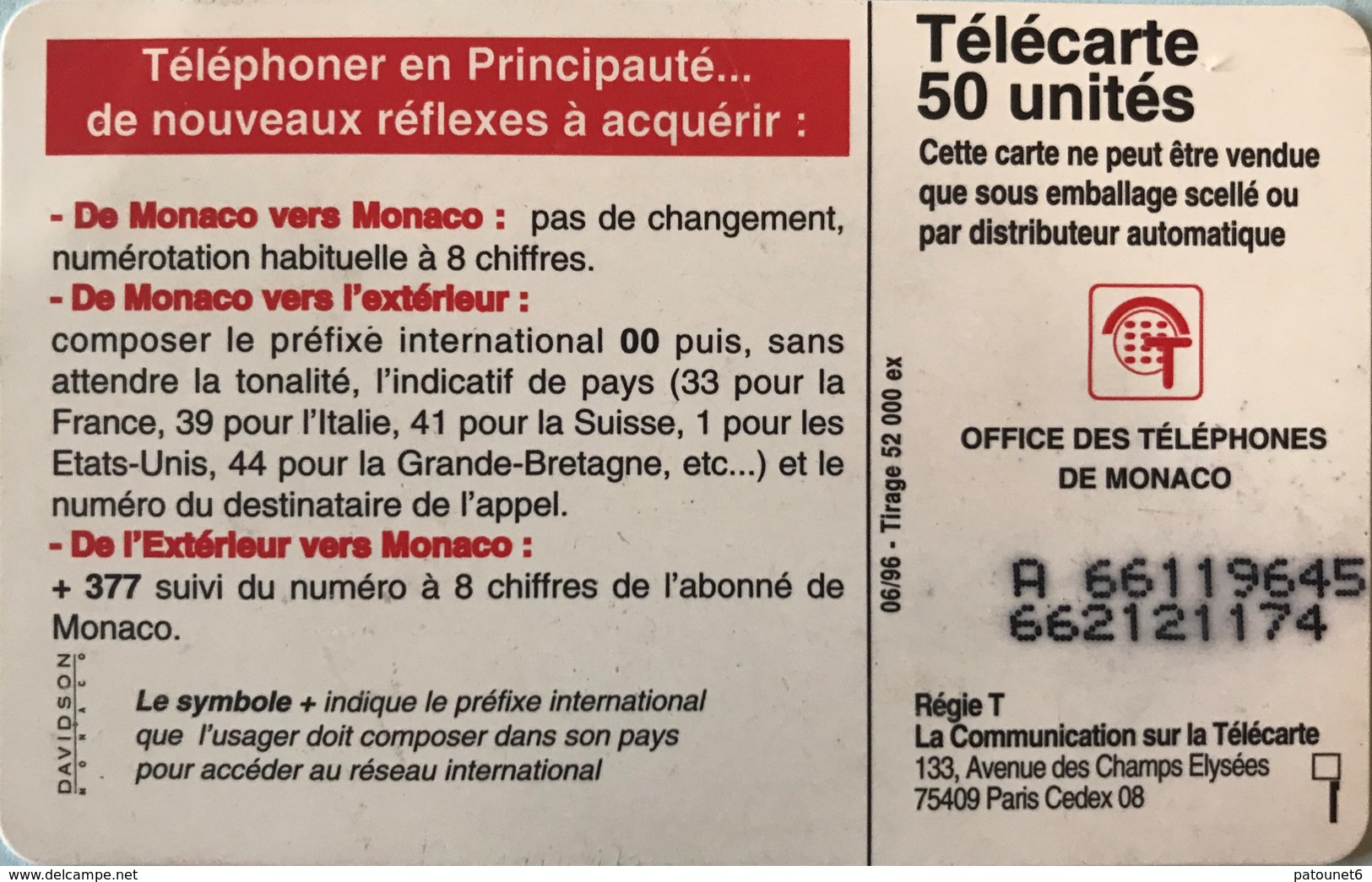 MONACO  -  Phonecard  -  MF 41  -  377 Changement De Numérotation  -  50 Unités - Monaco