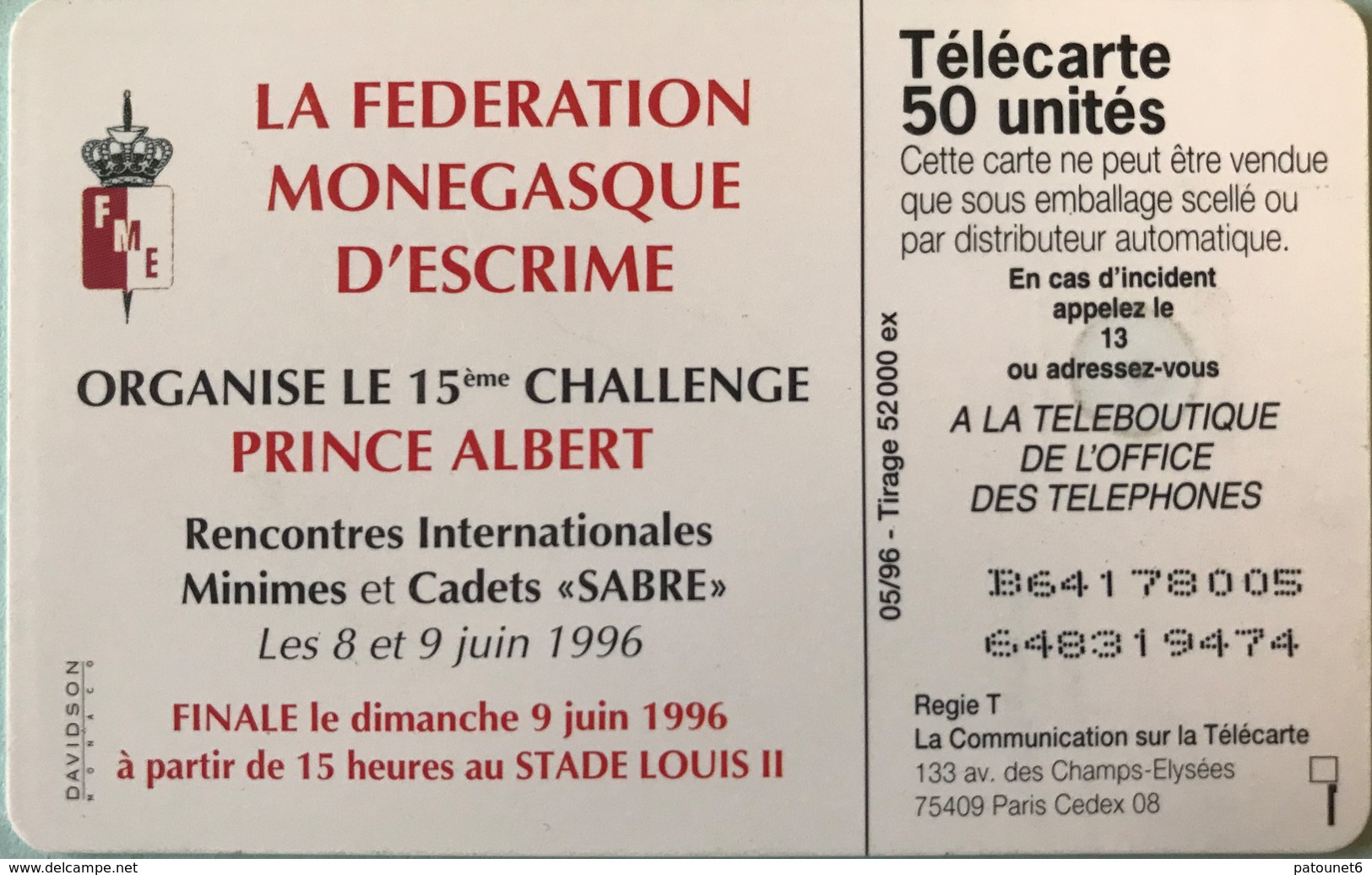 MONACO  -  Phonecard  -  MF 40  -  Escrime  -  50 Unités - Monaco