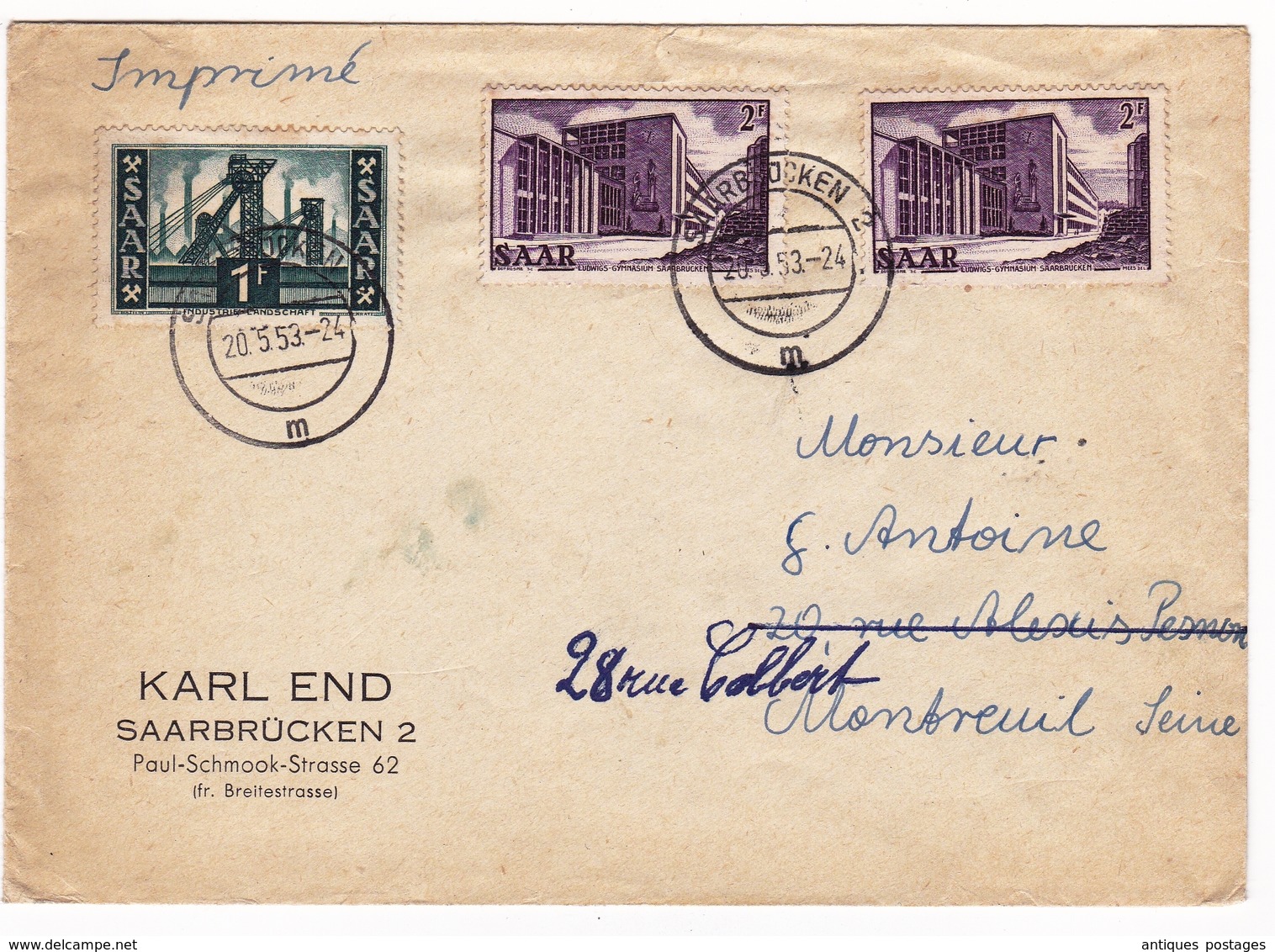 Lettre Sarre Saar 1953 Saarbrücken Montreuil Sous Bois - Covers & Documents