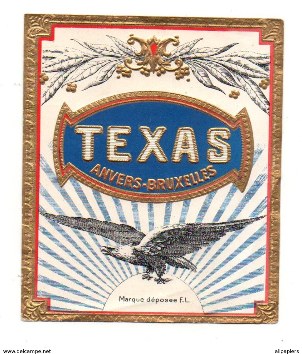 étiquette Gaufrée Dorée Texas Anvers-Bruxelles Cigares - Format : 12.5x10.5 Cm - Advertising Items