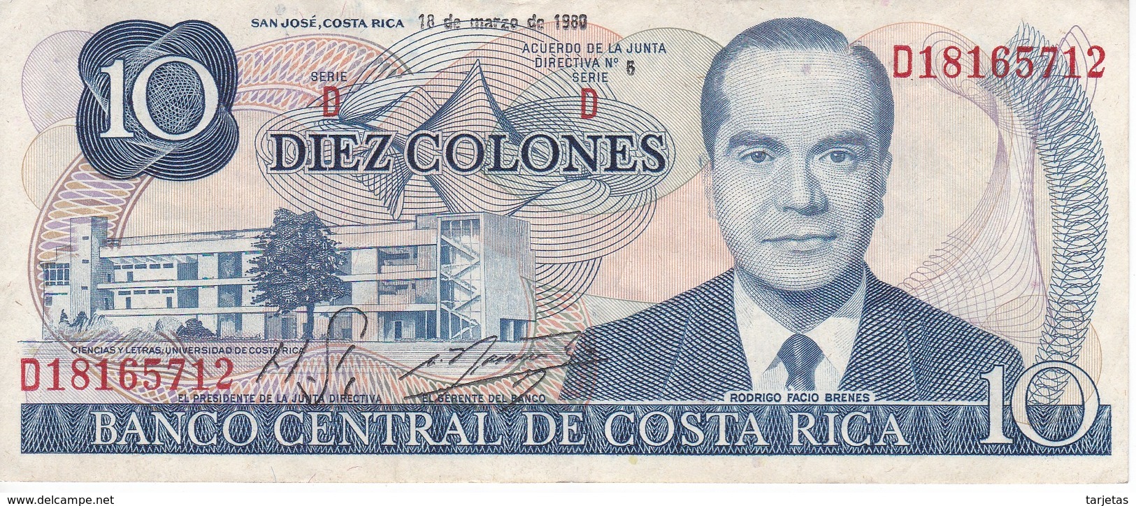 BILLETE DE COSTA RICA DE 10 COLONES AÑO 1980 EN CALIDAD EBC (XF)  (BANKNOTE) - Costa Rica