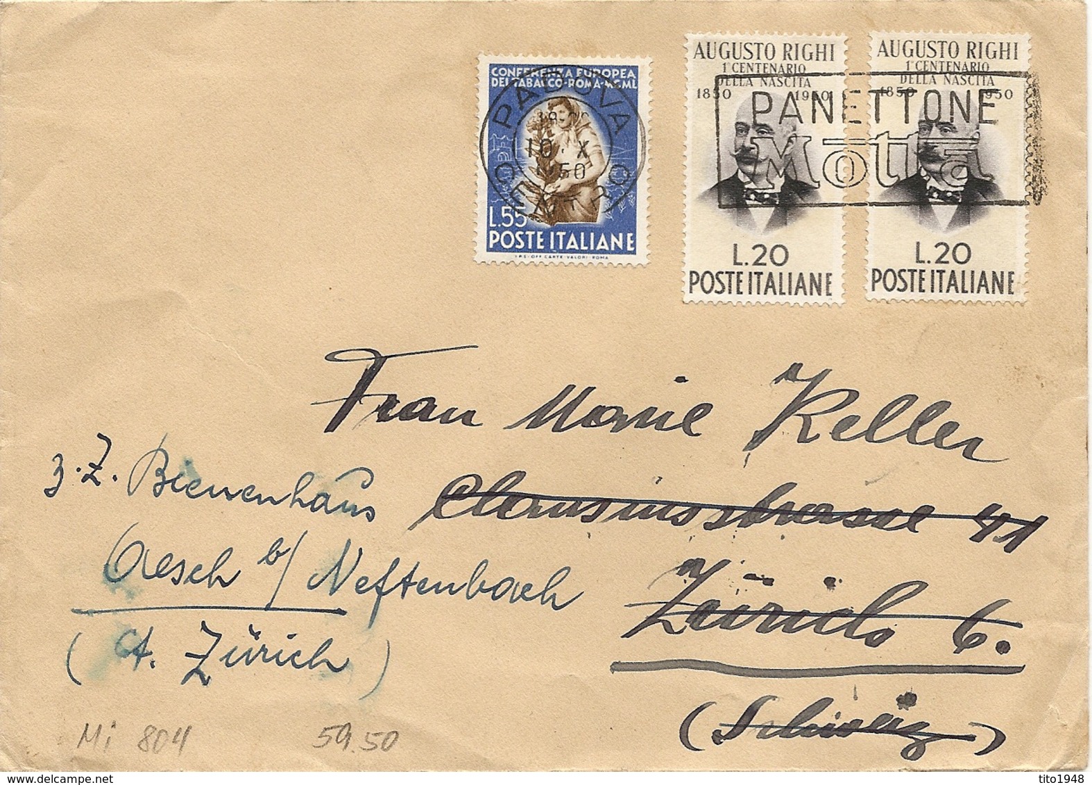 Italia 10.10.1950 Padova To Zürich Switzerland, Cover Mi 804, See Scans - 1946-47 Corpo Polacco Period