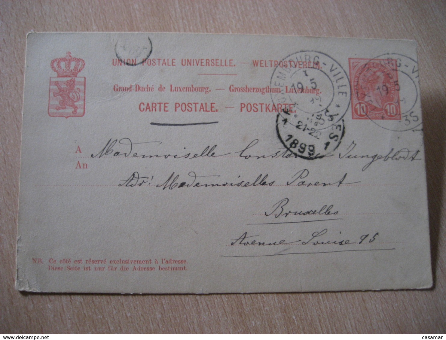 VILLE 1899 To Bruxelles Belgium Cancel Postal Stationery Card LUXEMBOURG - Autres & Non Classés