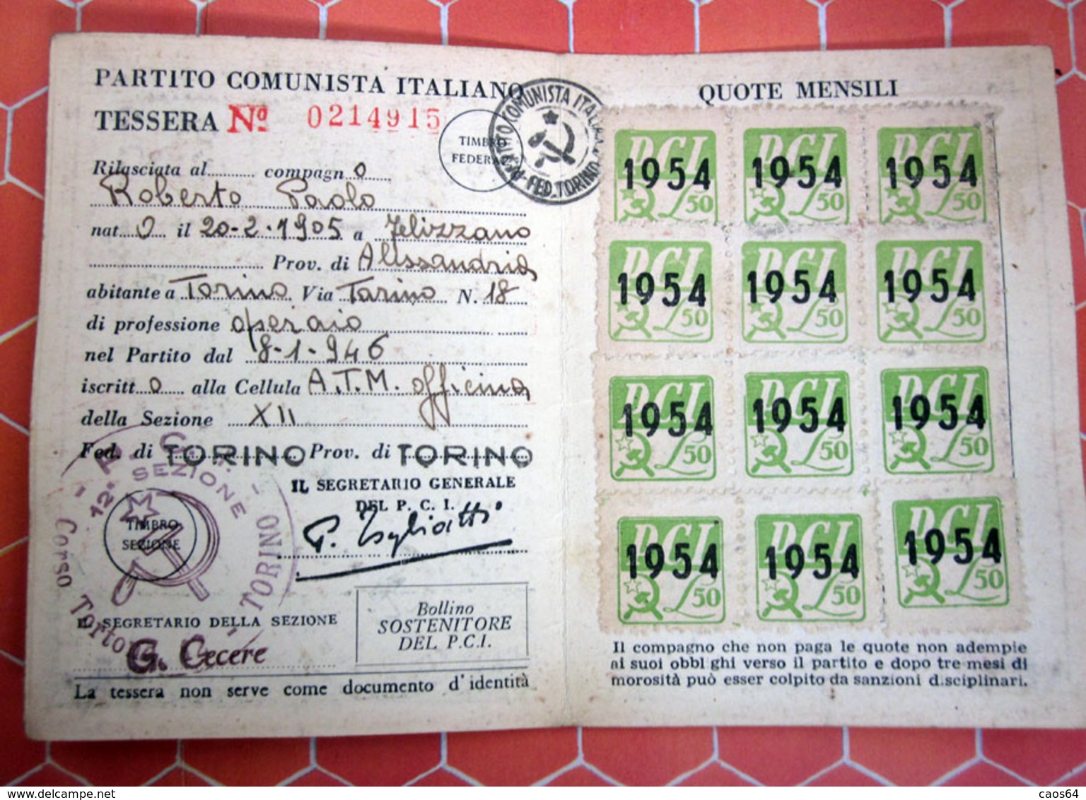 TESSERA PARTITO COMUNISTA ITALIANO 1954 TORINO CON BOLLINI - Lidmaatschapskaarten