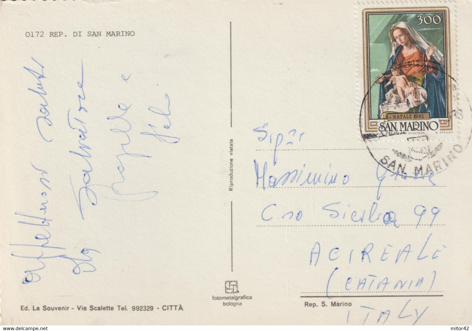 27-San Marino-Storia Postale 1983-Natale-Religione-C.I.Saluti Da...x Acireale - Lettres & Documents