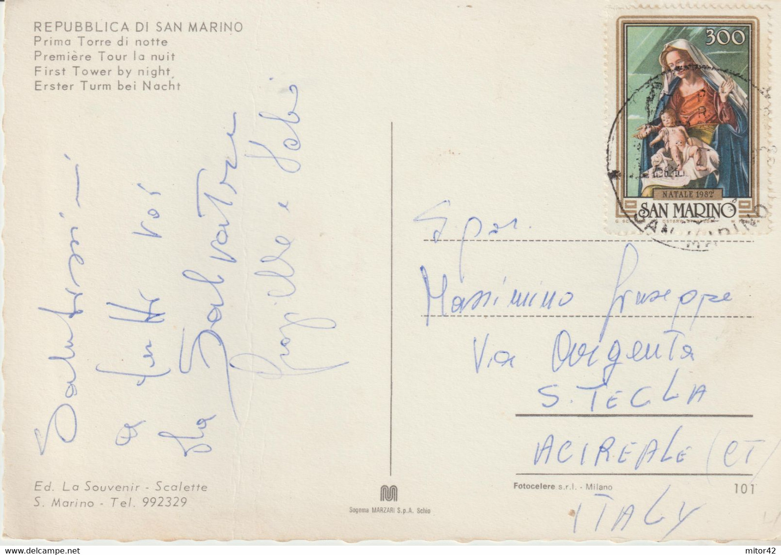 26-San Marino-Storia Postale 1982-Natale-Religione-C.I. Prima Torre Di Notte. - Briefe U. Dokumente