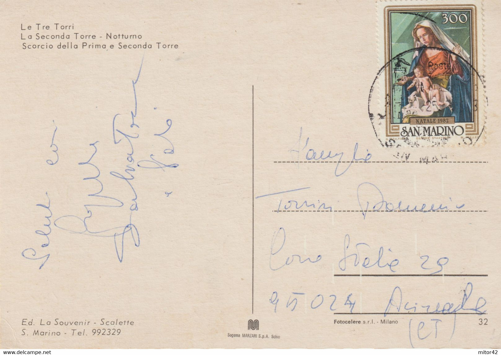 25-San Marino-Storia Postale 1982-Natale-Religione-C.I. Saluti Da...3 Vignette - Cartas & Documentos