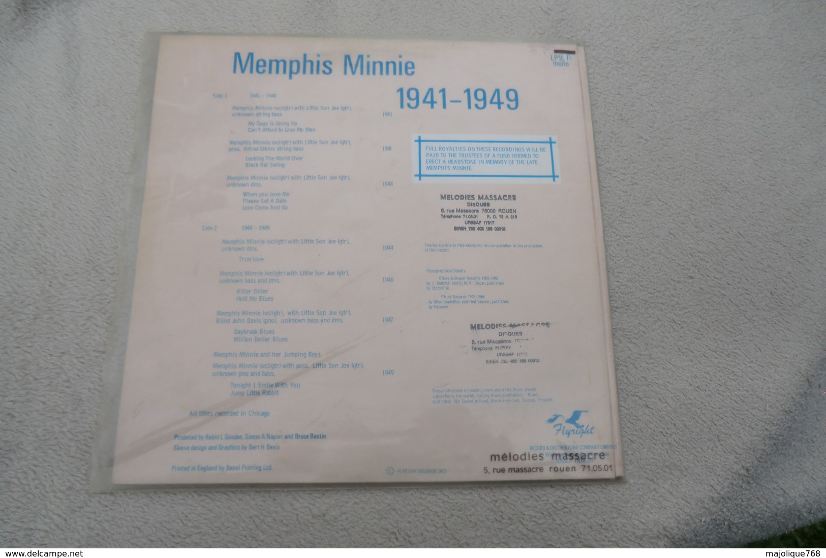 Memphis Minnie - 1941 - 1949 - Flyright Records LP 109 Mono - 1973 U K - - Blues