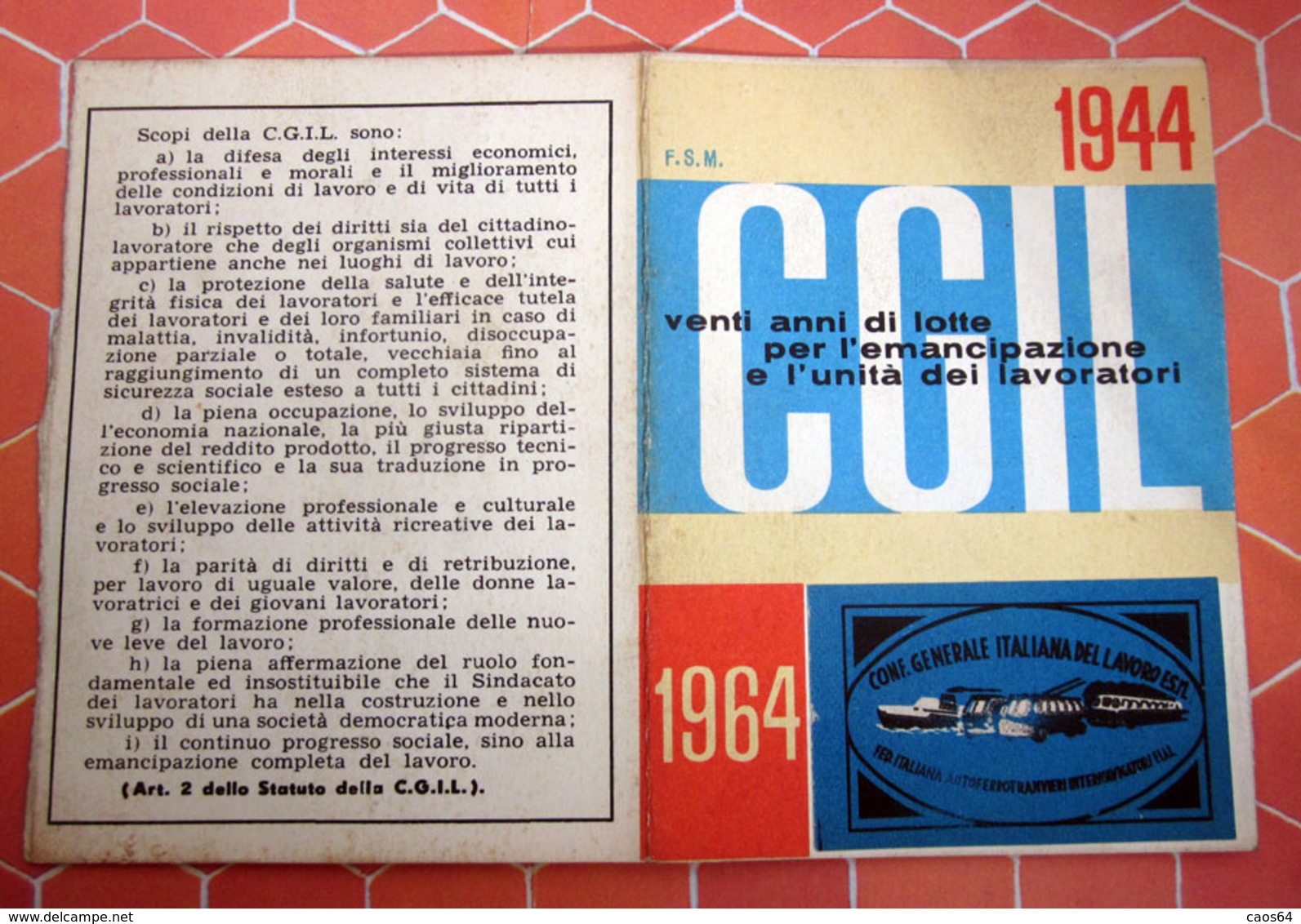 TESSERA CGIL  1964 TORINO - Tarjetas De Membresía