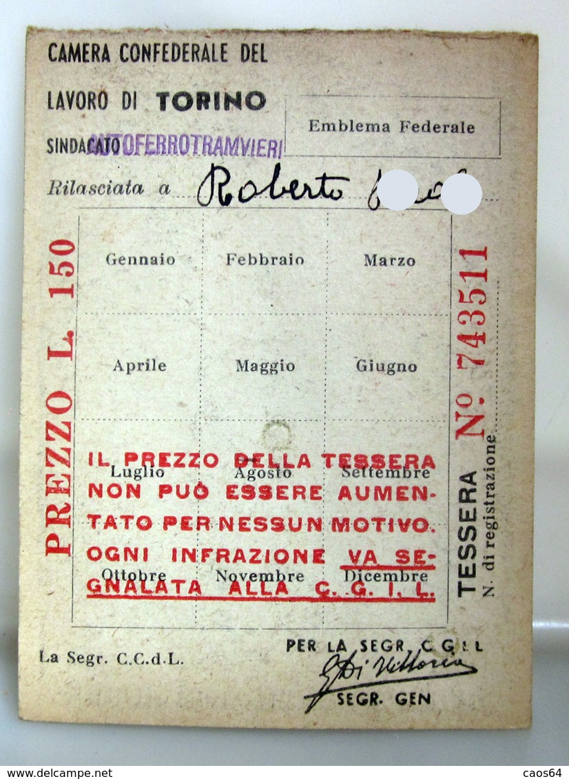 TESSERA CGIL FERROTRANVIERI TORINO 1953 - Tarjetas De Membresía