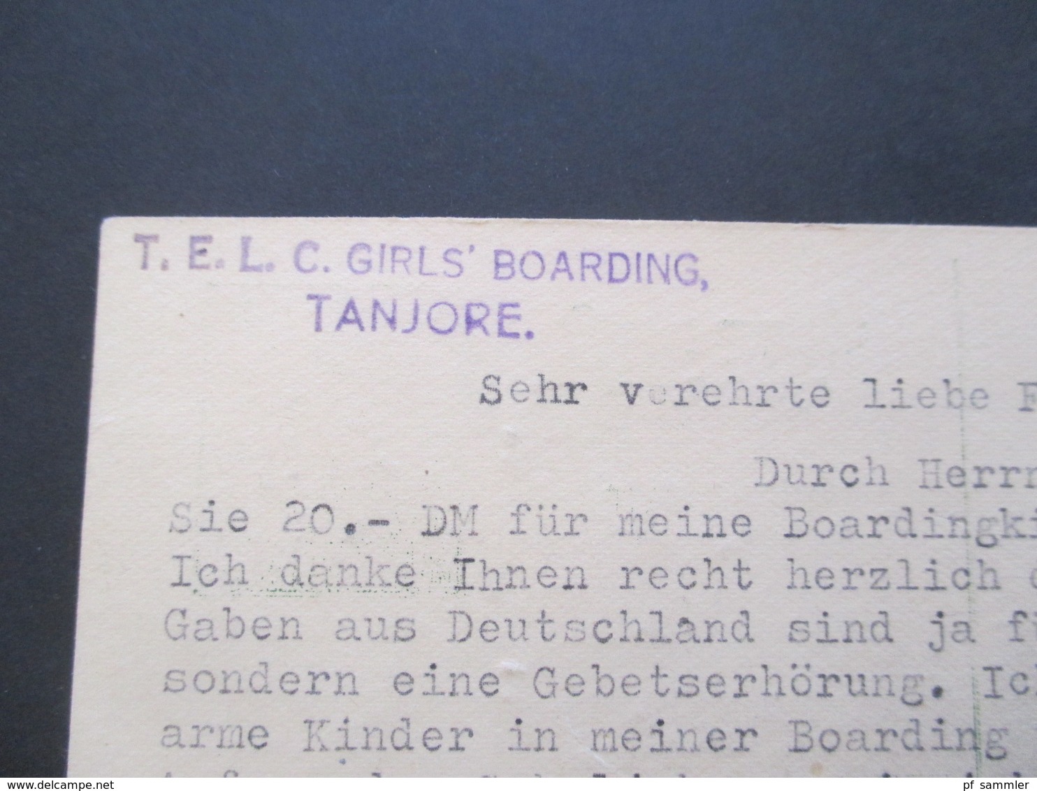 Indien 1960 Ganzsache Aus Tanjore Absender T.E.L.C. Girls' Boarding Bedankt Sich Für Die Spende - Lettres & Documents