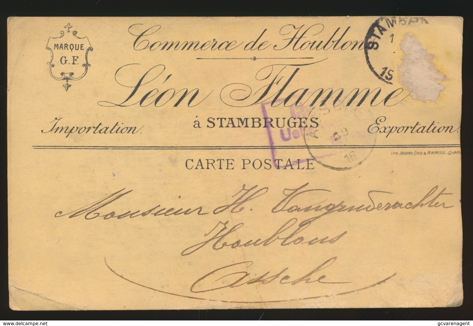 L.FLAMME STAMBRUGES NAAR ASSE DUITSCHE CONTROLE STEMPEL 191?  HOUBLONS V.GINDERACHTER  2 SCANS - Asse