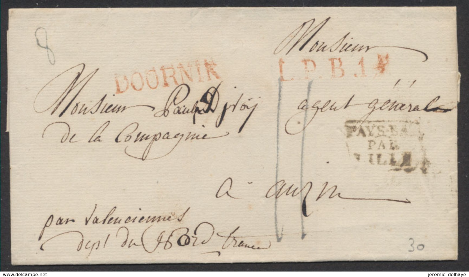 Précurseur - LSC (8gr) + Obl Linéaire Rouge DOORNIK Et L.P.B.1., Port II > La France + Encadré Noir "Pays-Bas Par Lille" - 1794-1814 (Periodo Francese)