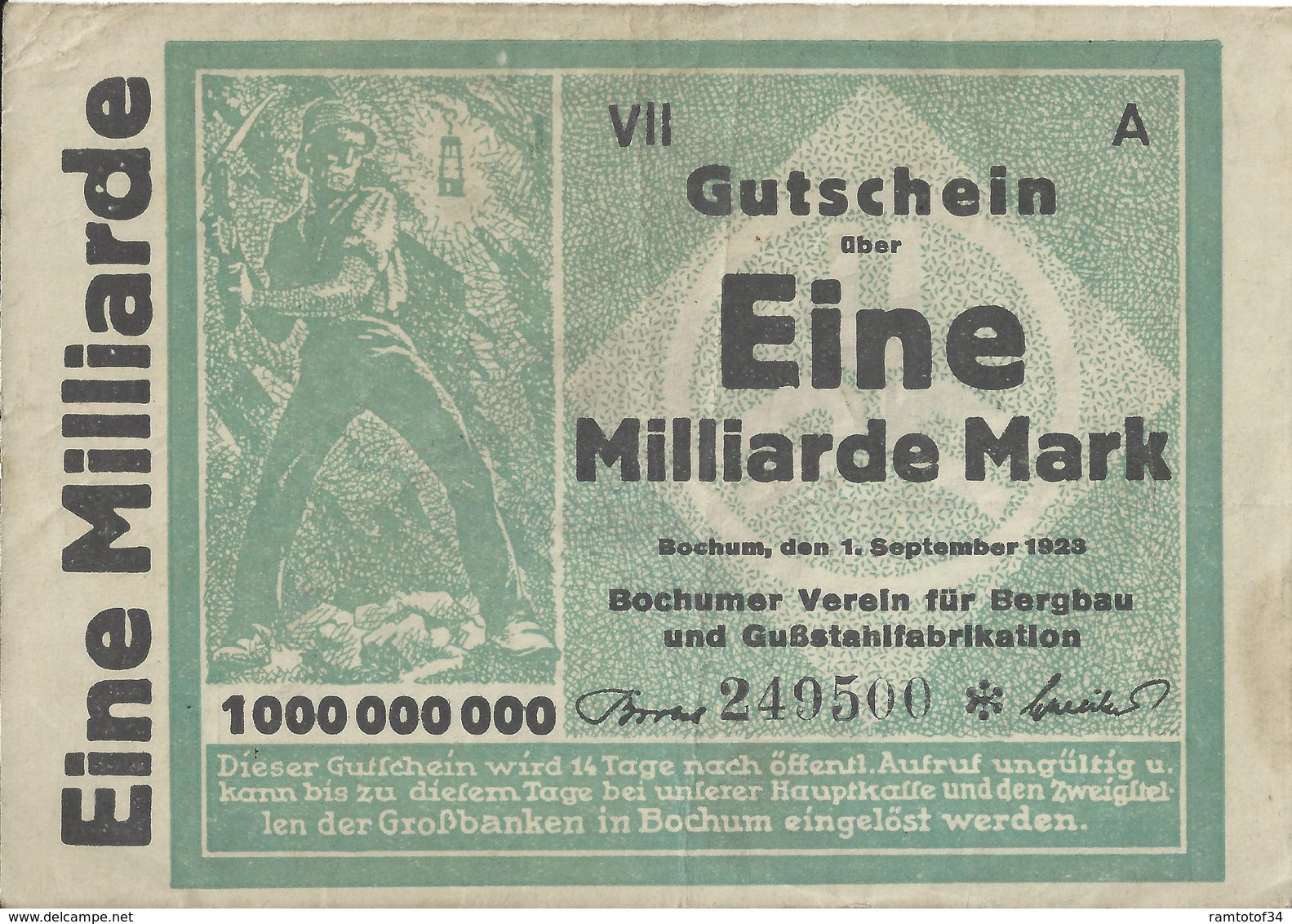 ALLEMAGNE - Eine Milliarde Mark - 1 September 1923 (249500) - 1 Miljard Mark