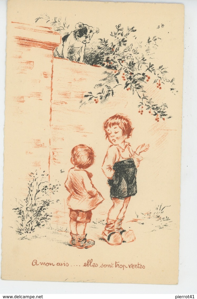 Illustrateur E. NAUDY - RENAUDIN - Sanguine - Jolie Carte Fantaisie Enfants Et Chien "A Mon Avis...elles Sont Vertes" - Naudy