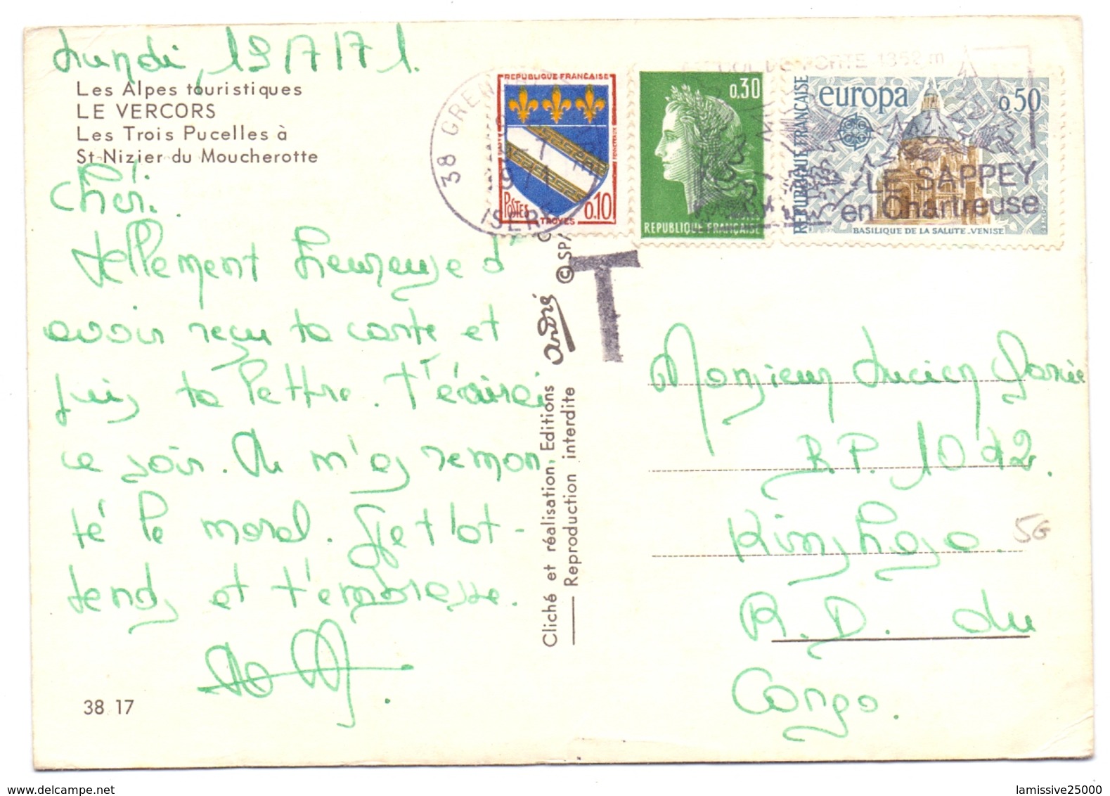 France Marianne De Cheffer Blason De Troyes Europa Carte Par Avion Pour La Republique Du Congo Avec Taxe - Postal Rates