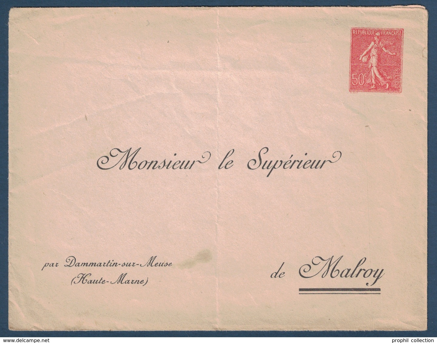 RARE REPIQUAGE " MONSIEUR LE SUPÉRIEUR DE MALROY " Sur ENTIER ENVELOPPE TYPE SEMEUSE LIGNÉE 50c ROUGE N° 199 - Buste Ristampe (ante 1955)