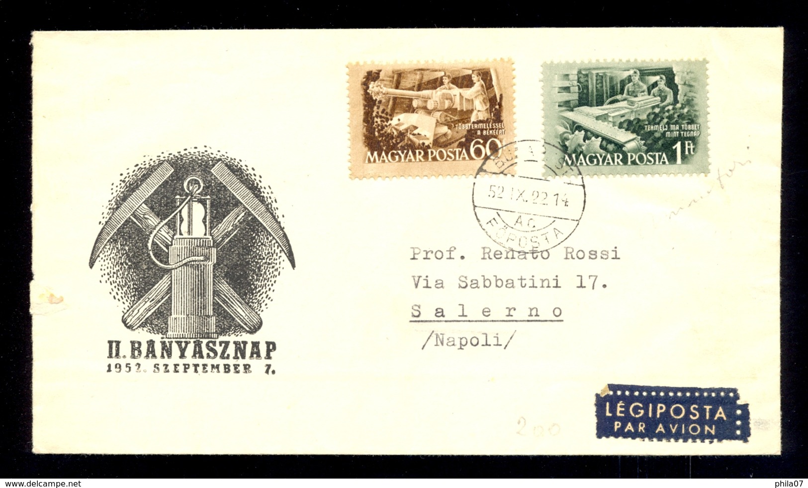 Hungary - Letter Sent By Air Mail From Budapest To Napoli 22.09. 1952. Nice Two Colored Franking. - Sonstige & Ohne Zuordnung