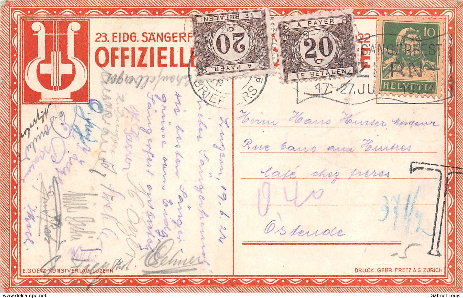 Eidgen Sangerfest Luzern 17-27 Juni 1922 -  Besteuerte Karte Für Unzureichendes Porto In Belgien - Lucerne