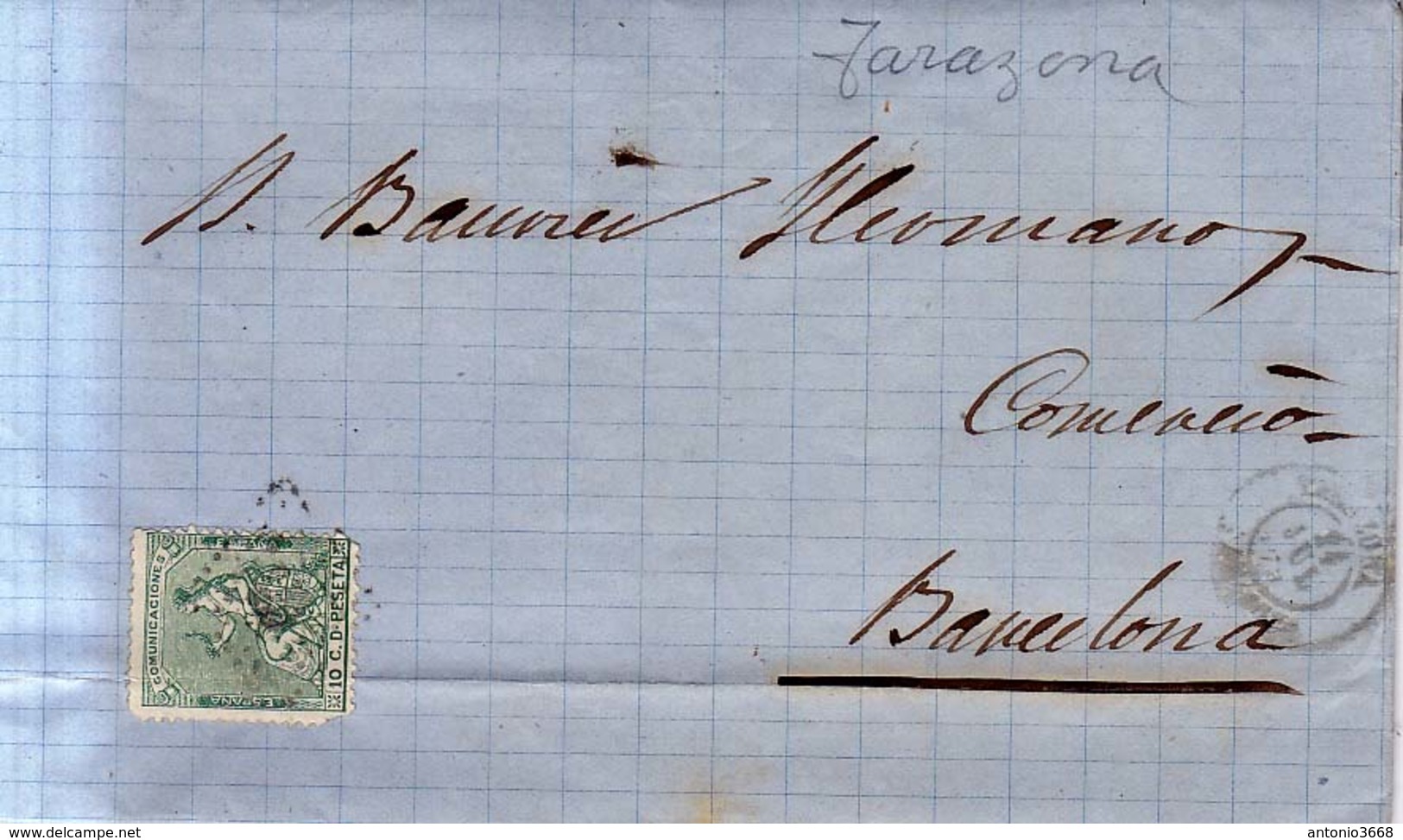 Año 1873 Edifil 133 10c Alegoria  Carta  Matasellos Rombo Tarazona Zaragoza Membrete Francisco Veraton - Storia Postale
