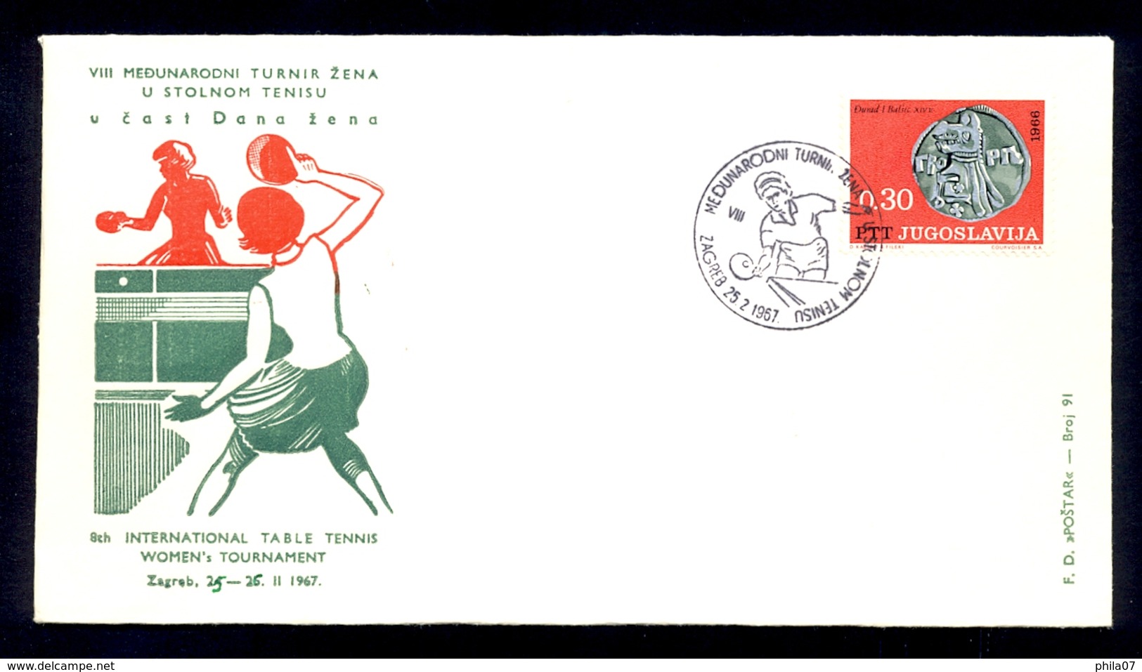 YUGOSLAVIA 1967 - Commemorative Envelope And Cancel For TABLE TENNIS Tournament - Tafeltennis